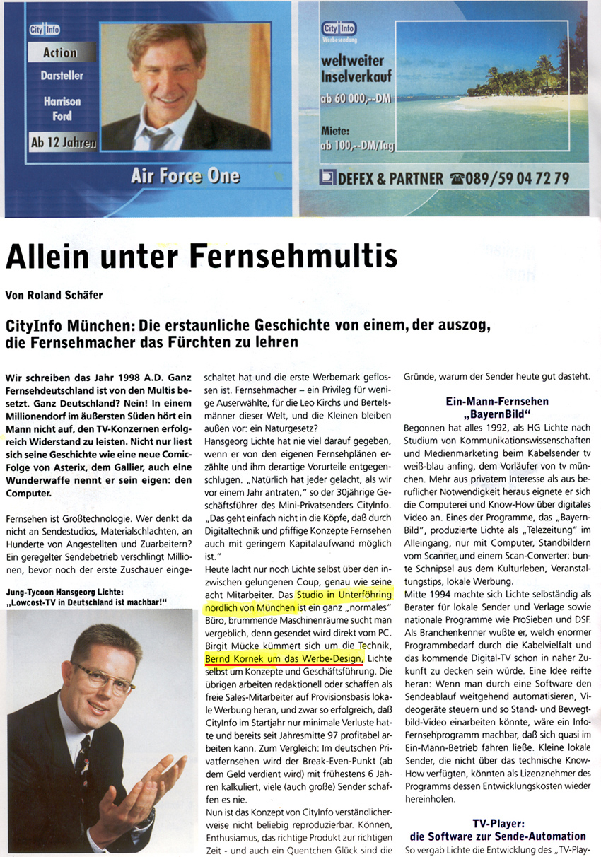 Bernd Kornek in "FASCINATION" - Ausgabe 7, Januar/Februar 1998, S.28/29, "USER PROFILE" - BK-Mediendesign & Konzeption - 460 Produktionen für "CityInfo München" 1997-2002