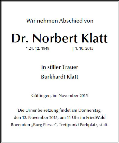 Dr. Norbert Klatt Todesanzeige