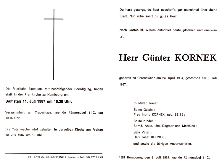 Günter Kornek - Todesanzeige
