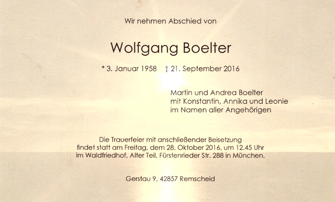Wolfgang Boelter - Todesanzeige